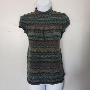 Byer Girl Medium Short Sleeve Shirt Mockneck Neutral Earthy Brown Blue Green Top